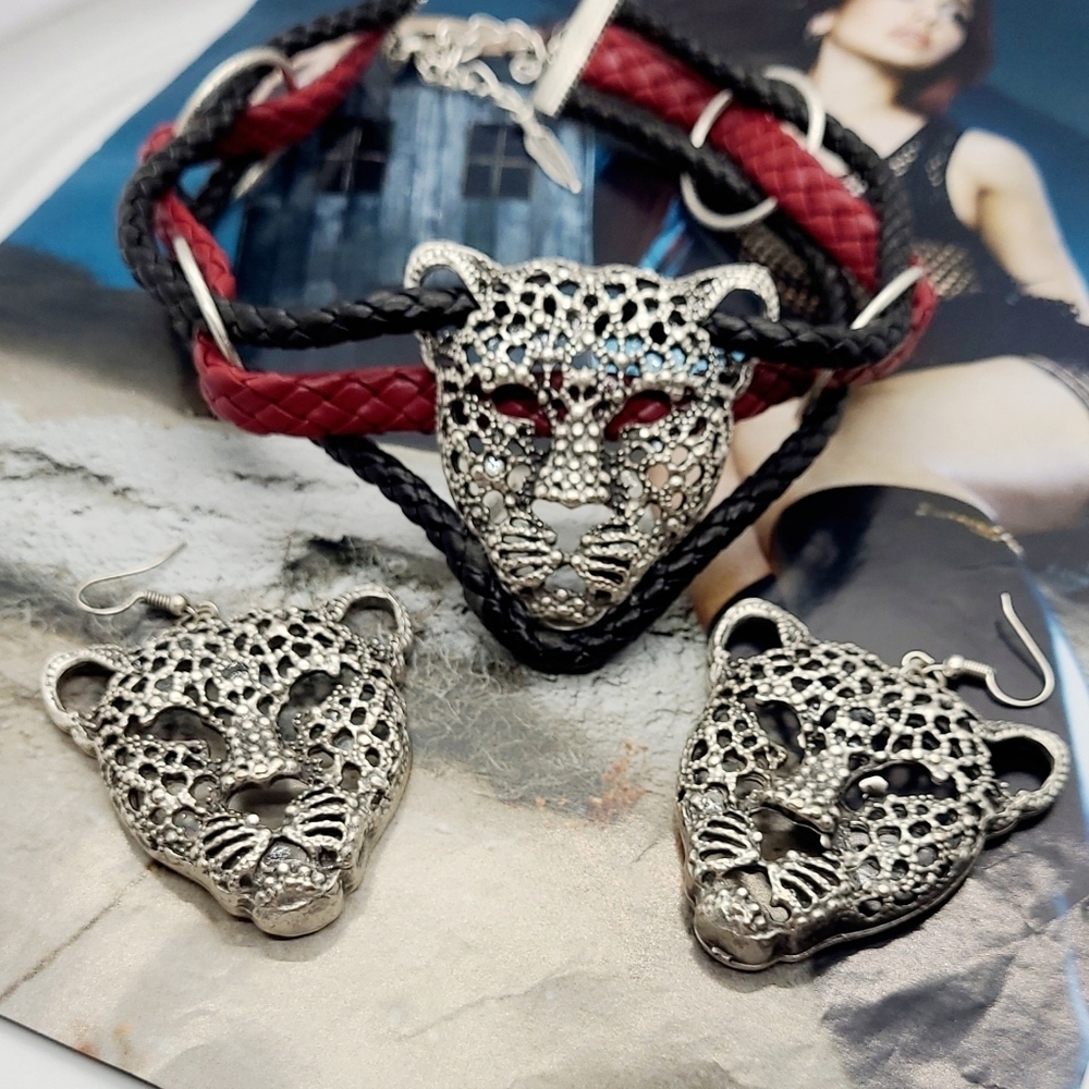 NWT Leopard Face Leather & Fine Silver Choker Necklace & Earrings Set